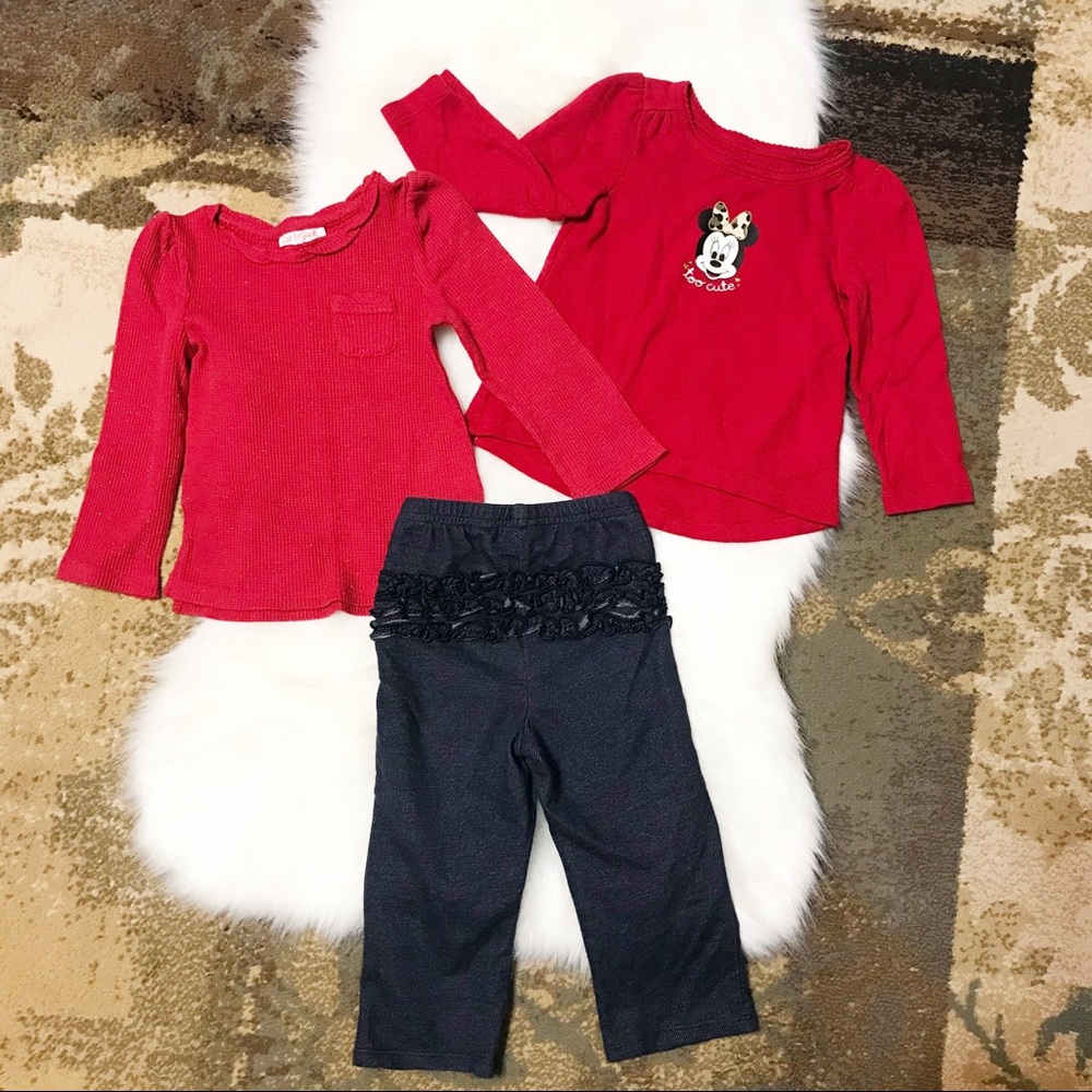Trio of 2 Red Tops & 1 Ruffled Bottom Leggings